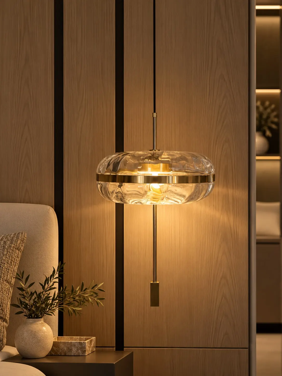 Rippled Glass Pendant 9916, Lit
