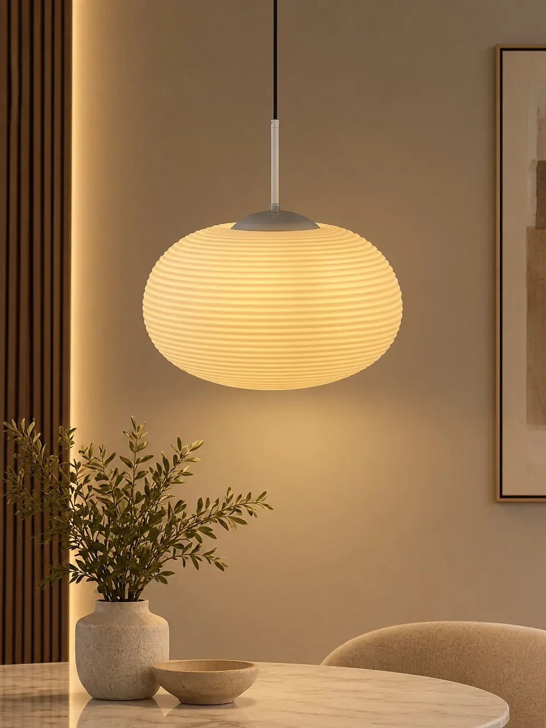 Ribbed Globe Pendant 9928, Lit