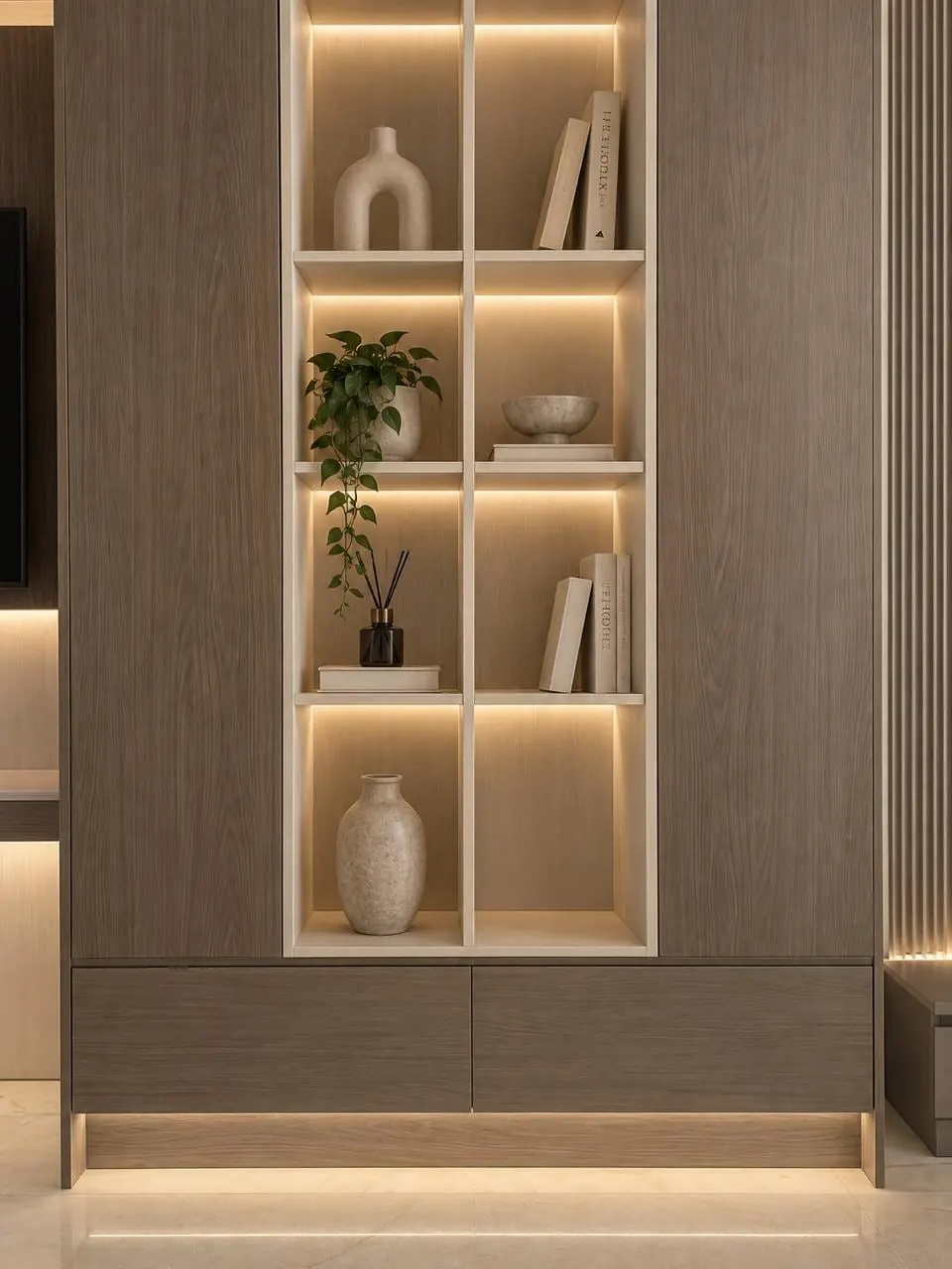 Oak Media Wall with Lit Display Cabinet NEW-11