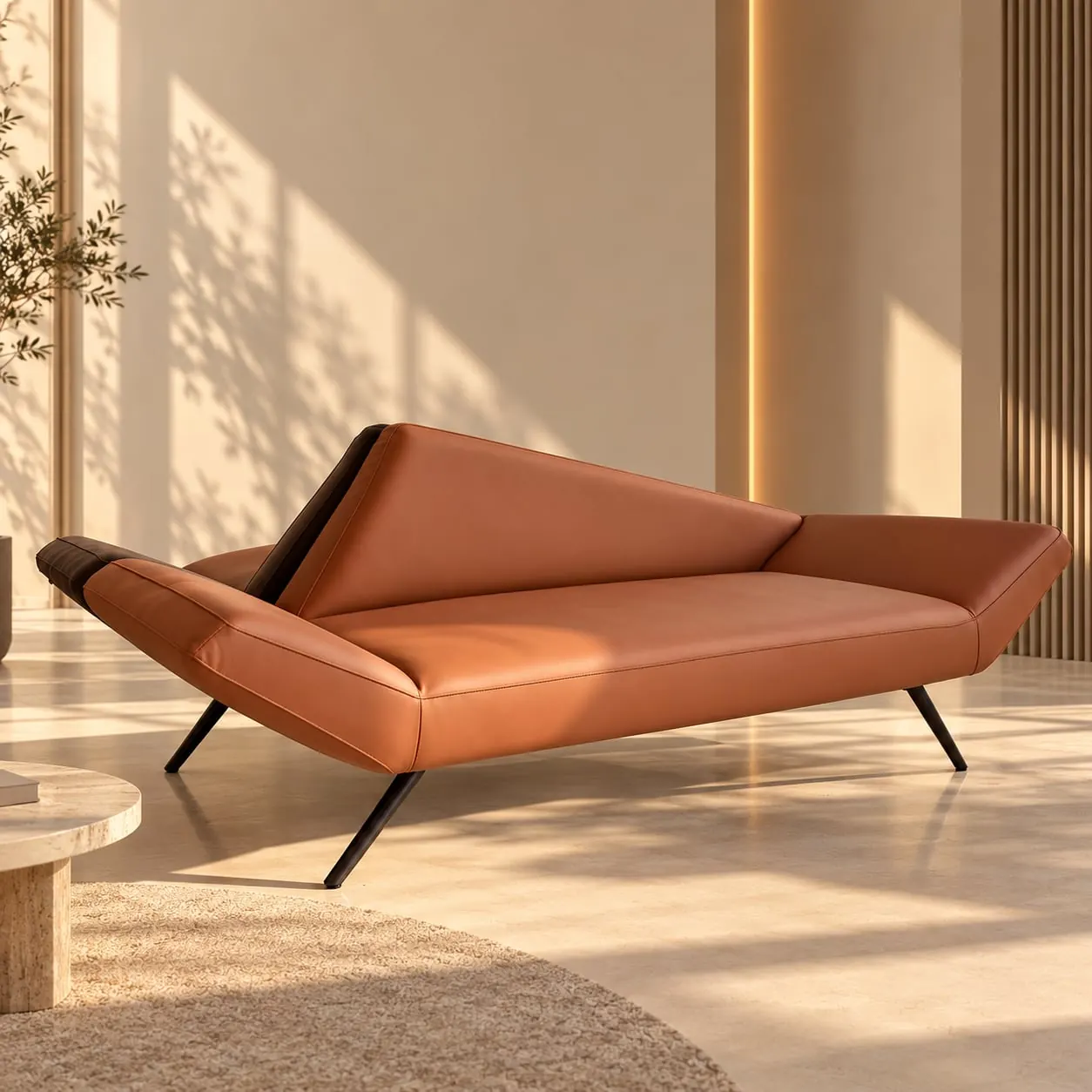 Cognac Leather Sculpted Sofa NEW-19